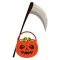 Halloween pumpkin with candies and scythe death
