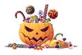 Halloween pumpkin with candies. Pumpkin trick or treat bag. Halloween pumpkin, lollipop and candy. Cartoon sweets