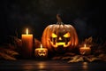 Halloween Pumpkin, Candles, And Dry Leaves Set Scene Royalty Free Stock Photo