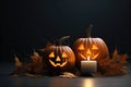 Halloween Pumpkin, Candles, And Dry Leaves Set Scene Royalty Free Stock Photo