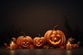 Halloween Pumpkin, Candles, And Dry Leaves Set Scene Royalty Free Stock Photo