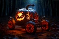 Halloween pumpkin carriage in the dark forest glowing red Royalty Free Stock Photo