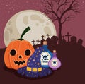 Halloween pumpkin cartoon and poisons in front of cemetery vector design