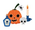 Halloween pumpkin cartoon skull candle spider and poison vector design