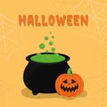Halloween pumpkin cartoon with witch bowl vector design