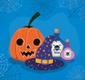 Halloween pumpkin cartoon witch hat and poisons with spiderwebs frame vector design