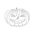 Halloween pumpkin with carved face one line art. Continuous line drawing of halloween theme, horrible, harvest, autumn