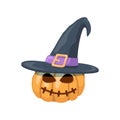 Halloween pumpkin with carved face wearing a witch hat. Orange pumpkin with a smile in a hat