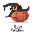 Halloween pumpkin carving in black witch hat. Happy Halloween typography. Cartoon vector.
