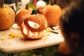 Halloween Pumpkin Carving, Eyes Teeth Creepy Smile Royalty Free Stock Photo