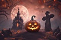 halloween pumpkin with castle on the background. 3 d render.halloween pumpkin with castle on the