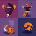 Halloween Pumpkin, Cauldron and Scarecrow Vector