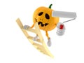 Halloween pumpkin character on ladder holding roller paint