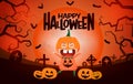 Halloween pumpkin character vector background design. Happy halloween text with pumpkin character in night cemetery background. Royalty Free Stock Photo