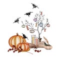 Halloween pumpkin composition. Bat, skull, pumpkin on a tray, magic book, ink, candle hand drawn watercolour Royalty Free Stock Photo