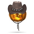 Halloween pumpkin in a cowboy hat. Merry shepherd. Isolated on white background.