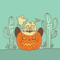 Halloween Pumpkin cowboy vector illustration. Pumpkin wearing cowboy hat with howdy text and American desert cactuses. Vector hand