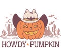 Halloween Pumpkin cowboy vector printable illustration. Halloween pumpkin wearing cowboy hat with howdy text and American desert