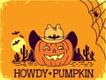 Halloween Pumpkin cowboy with western hat and bandanna. Vector backgrund with cowboy halloween howdy text.