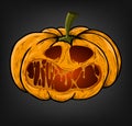 Halloween pumpkin with a creepy face on a dark background.
