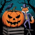 halloween pumpkin with a crow and a fox in trees background premium quality Royalty Free Stock Photo