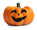 Halloween pumpkin with cute drawn face on white