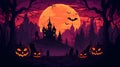 Halloween pumpkin and dark castle on blue moon background with flying bats by Generative AI Royalty Free Stock Photo