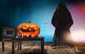 Halloween pumpkin and dark demon ghost at wooden planks 3d rendering