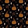 Halloween pumpkin dark pattern. Horror pumpkin, black Raven snake spider seamless pattern Black Halloween background