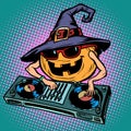 Halloween pumpkin DJ character. Musical holiday party