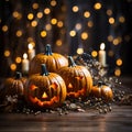 Halloween pumpkin with an evil carved muzzle in a festive interior, Witch\'s Night or All Saints\' Eve. Royalty Free Stock Photo