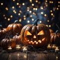 Halloween pumpkin with an evil carved muzzle in a festive interior, Witch\'s Night or All Saints\' Eve. Royalty Free Stock Photo