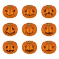 Halloween pumpkin faces. Pumpkin characters. Sad, creepy, angry, funny faces