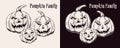 Halloween pumpkin family with glowing eyes, grinning smile, scary grimace