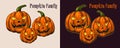Halloween pumpkin family with glowing eyes and grinning smile, scary grimace. Stylization for human face.