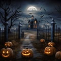 Halloween pumpkin field with a metal fence and a sinister mansion Royalty Free Stock Photo