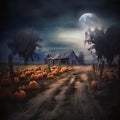Halloween pumpkin field with an old farm in the background Royalty Free Stock Photo