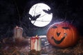 Halloween pumpkin, flying bats, moon and branches tree. Halloween background with white candle. Dark night Royalty Free Stock Photo
