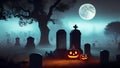 Halloween pumpkin in the foggy forest graveyard. Generative Ai Royalty Free Stock Photo