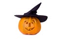 Halloween pumpkin, funny face in hat, isolated on white background Royalty Free Stock Photo