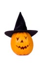 Halloween pumpkin, funny face in hat, isolated on white background Royalty Free Stock Photo