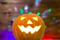 Halloween Pumpkin, funny Jack O'Lantern on wood background. Hal Royalty Free Stock Photo