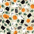 Halloween Pumpkin Ghost Black Cat Cauldron Potion Foliage Seamless Pattern