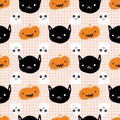 Halloween Pumpkin Ghost Black Cat Check Square Seamless Pattern Royalty Free Stock Photo