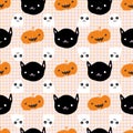 Halloween Pumpkin Ghost Black Cat Check Square Seamless Pattern