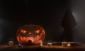 Halloween pumpkin with ghost at wood planks with candle lights 3