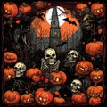 halloween pumpkin and ghosty graveyard in the background with skulls, bats, tombstones