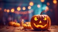 Halloween pumpkin with gleaming eyes and sinister smile against out of focus bokeh lights background with copy space. Generative