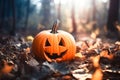 Halloween pumpkin with glowing eyes is in a mystic forest at the night close-up with bokeh background. Jack O Lantern. Generative Royalty Free Stock Photo