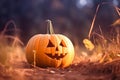 Halloween pumpkin with glowing eyes is in a mystic forest at the night close-up with bokeh background. Jack O Lantern. Generative Royalty Free Stock Photo